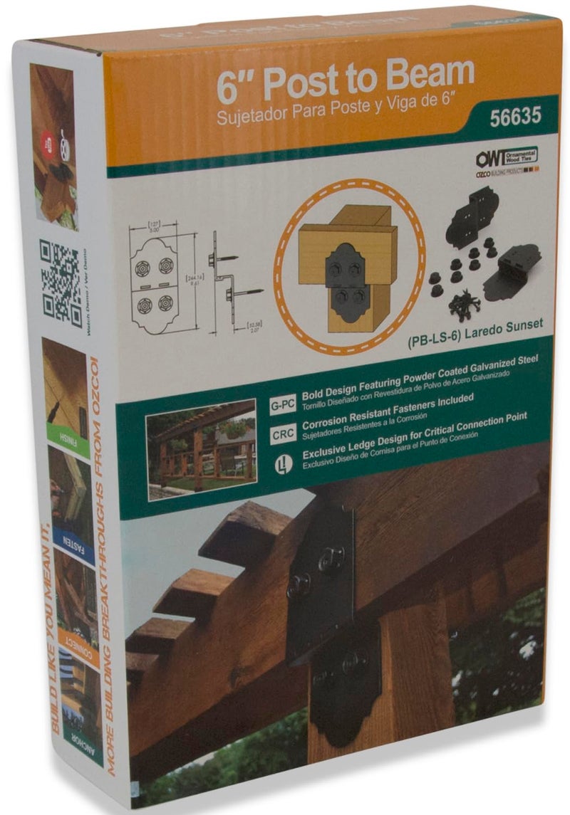 OZCO Laredo Sunset 6" Post to Beam Connector Heavy Duty Black Powder-Coated Steel Bracket for Wood Posts, Outdoor Beam Braces, Corner Brackets, Angle Brackets for Wood and Aluminum, 2-Pack, 56635 - Image 2